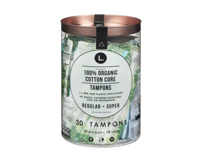 L. Cotton Tampons Regular/Super Absorbency Multipack, Free from Chlorine Bleaching, Pesticides, Fragrances, or Dyes, 30 Count - 30.0 EA