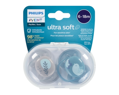 Avent Ultra Soft Pacifier 6-18m, blue dove / silver leaf, SCF091/15 - 2 EA