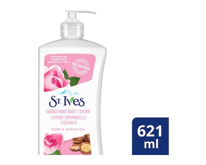 St. Ives Smoothing Body Lotion hydrates for smooth, silky skin Rose & Argan Oil made with 100% natural moisturizers 621 mL - 621 ML