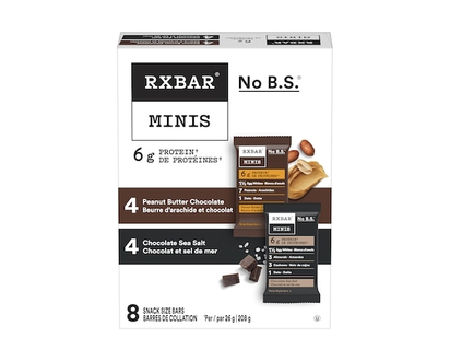 Kellogg’s RXBAR Minis barres de collation, 4 barres protéinées chocolat et sel de mer et 4 barres beurre d’arachide et chocolat - 208.0 G