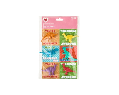Valentine's Day Cards with Erasers 6 Pack - Dinosaur - 1.0 EA