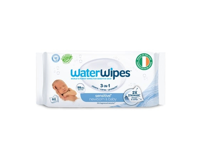 WaterWipes Sensitive+ Newborn & Baby Wipes, 3-en-1 nettoie, soigne, protège, 99,9 % d'eau, non parfumées, 60 unités - 60.0 EA