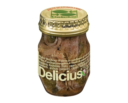 Delicius Rolled Anchovy Fillets with Capers in Sunflower Oil - 90.0 G