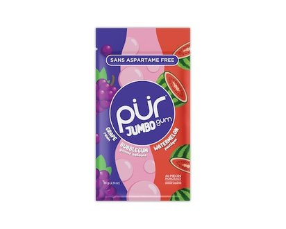 Pur Gum Jumbo Aspartame Free Natural Bubblegum, Grape, Watermelon Flavour Gum - 81.0 G