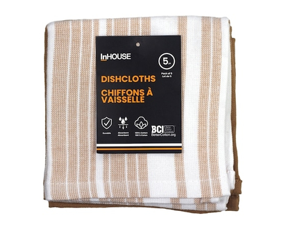 InHouse Premium 5 Pack Cotton Terry Dishcloth Tan - 5.0 EA