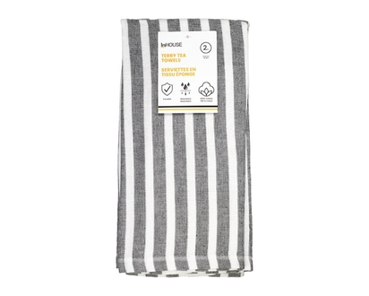 InHouse 2 Pack Terry Tea Towel Black - 2.0 EA