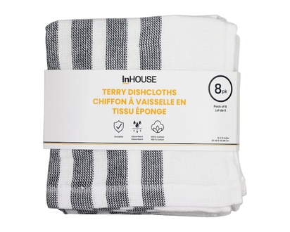 InHouse 8 Pack Terry Dishcloth Black - 8.0 EA