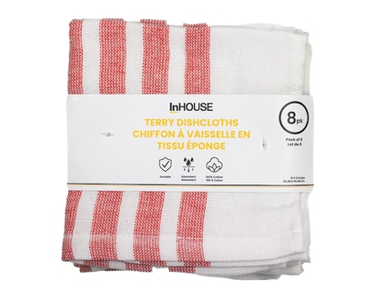 InHouse 8 Pack Terry Dishcloth Red - 8.0 EA