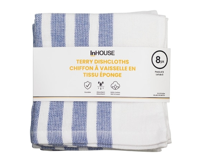 InHouse 8 Pack Terry Dishcloth Blue - 8.0 EA