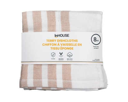 InHouse 8 Pack Terry Dishcloth Tan - 8.0 EA
