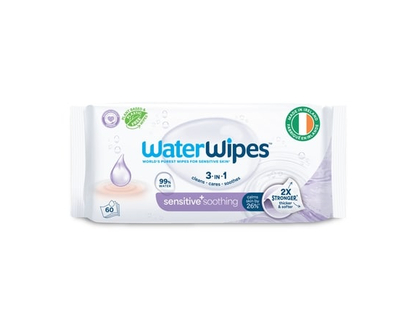 WaterWipes Sensitive+ Soothing Wipes, 3-In-1 Cleans, Cares, Soothes, 99% Water with Botanical Extract, Unscented & Hypoallergenic Baby Wipes, 60 Count