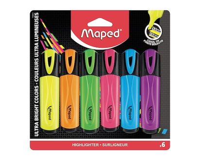 Maped Surligneur couleurs ultra lumineuses, pointe biseaute, paquet x 6 - 1.0 EA