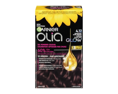 Garnier Olia Permanent Hair Dye, Ammonia-Free Hair Color, 4.12 Iridescent Dark Brown, Long-Lasting Hair shine With 60% Oils, 1 Application - 1 EA