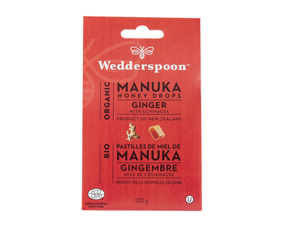 Wedderspoon Organic Manuka Honey Drops- Ginger with Echinacea - 120g