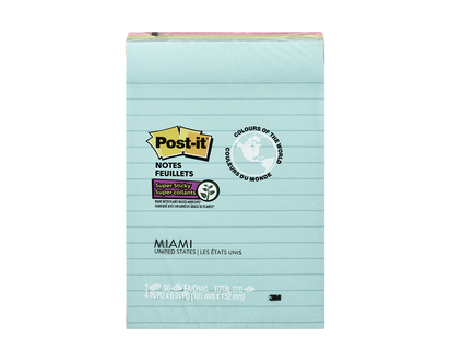 3M Post-it Notes - Miami - 4 in. x 6 in. - 3 x 90 sheets