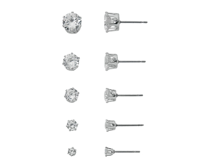 Primavera Brilliant Cut Cubic Zirconia Stud Earring Set - Silver - 5 Pairs