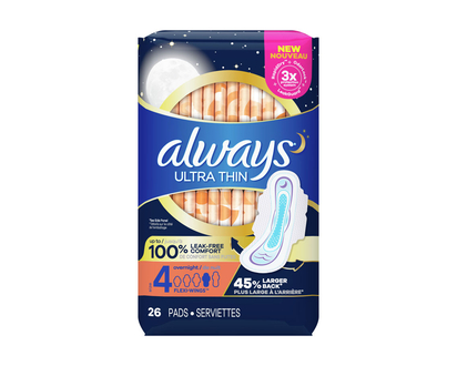 Always Ultra Thin Sanitary Pads - Overnight - Size 4 - 26's