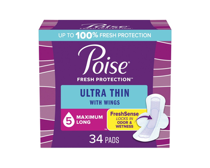 Poise Ultra Thin Long Length Incontinence & Postpartum Pads With Wings - Maxium Absorbency - 34 Count