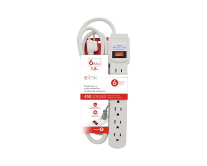 Elink 6-Socket Outlet Power Bar and Surge Protector - White - EL427
