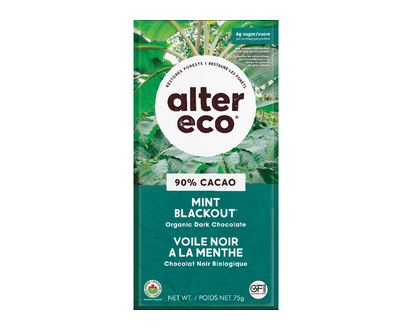 Alter Eco Dark Organic Chocolate - 90% Cacao - Mint Blackout - 75g