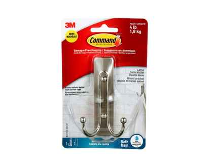Command Bath Double Hook - Large - Satin Nickel