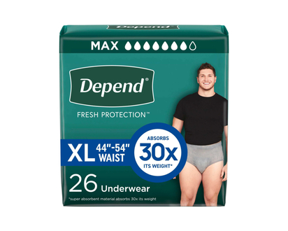Depend Fresh Protection Incontinence Underwear for Men - Maximum - Extra Large - Grey - 26s