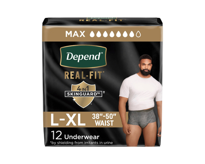Depend Real Fit Incontinence Pants for Men - Maximum - Large/Extra Large - Grey/Black - 12's