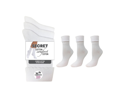 Secret Ladies Cotton/Lycra Cuff Socks - White - 3 pairs