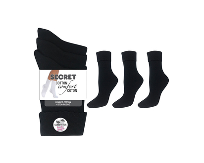 Secret Cotton Comfort Fashion Socks Rib/Cuff Socks - Black - 3 pair