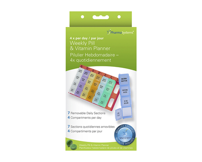 PharmaSystems Weekly Pill Planner with 4 times daily removable sections