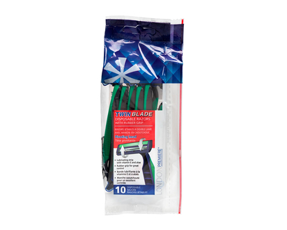 LONDON Premiere Twin Blade Disposable Razors with Rubber Grip - 10s