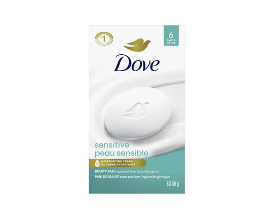 Dove Pain de Beauté 1/4 de Crème Hydratante Sans Parfum Peau Sensible, 106 g (6 pains) - 12 Barres