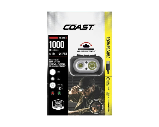 COAST RL27R Rechargeable Plus Rear Loading 1000 Lumens Tri-Color LED Headlamp