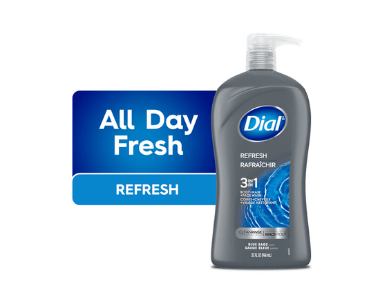 Dial Men 3in1, Body, Wash, Hair Wash, Face Wash, Blue Sage Scent, 473ml, Dermatologist Tested, Free from Silicones, Parabens, Phthalates - 946ml (Pack