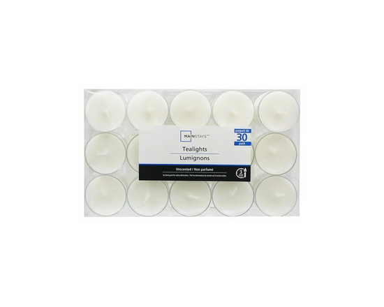 Mainstays 30PK Unscented White Tealights Candles - 39mm Dia x 16mm H. each