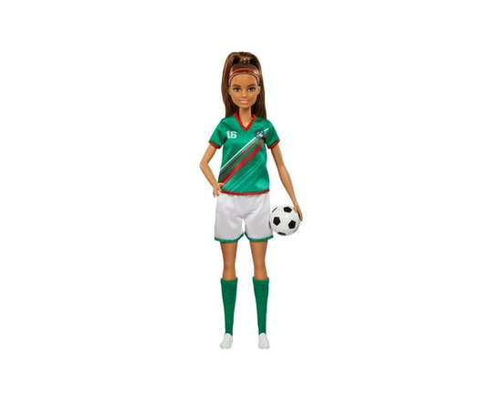 Barbie Soccer Doll, Brunette, #16 Uniform, Soccer Ball, Cleats, Socks, 3 & Up