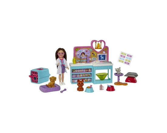 Barbie Doll Chelsea Pet Vet Playset with Brunette Doll, 2 Puppies, 1 Kitty, 1 Bird and 18 Pieces