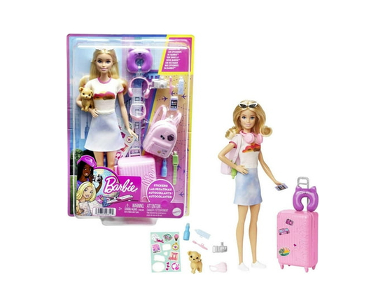Barbie Doll and Accessories, 'Malibu' Travel Set with Puppy & Working Suitcase, 10+ Pieces