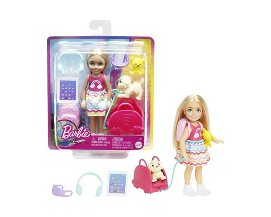 Barbie Chelsea Doll and Accessories, Small Doll Travel Set with Puppy and 6 Pieces - standard size