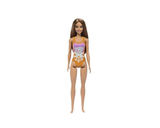 Beach Barbie Doll with Light Brown Hair Wearing Tropical Pink and Orange Swimsuit