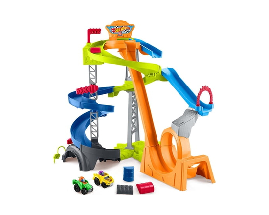 Little People Hot Wheels Spiral Stunt Speedway Toddler Race Track Playset, 2 Toy Cars, Multicolor
