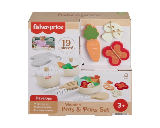 Fisher-Price Wooden Kitchen Pots & Pans Set, 19 Wood Pieces for Preschool Pretend Play, Ages 3+ Years