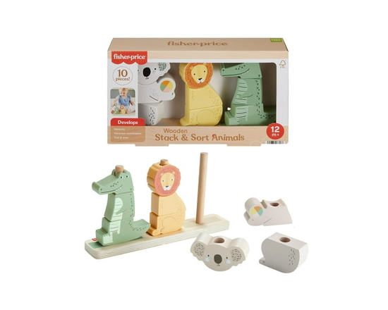 Fisher-Price Animaux à empiler et trier en bois, 10 éléments