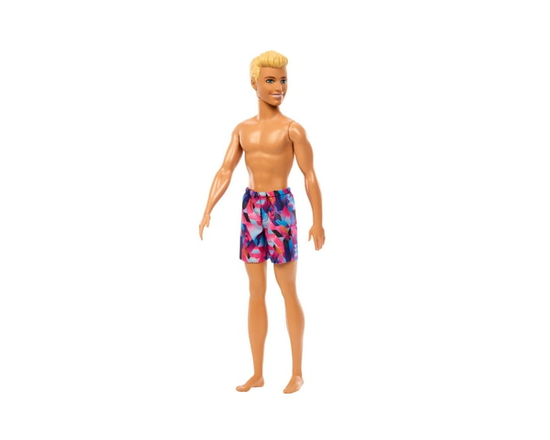 Barbie Beach Day Ken Doll with Blond Hair Wearing Purple Patterned Summer Swimsuit