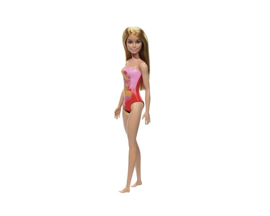 Beach Barbie Doll with Blond Hair Wearing Pink Palm Tree-Print One-Piece Swimsuit