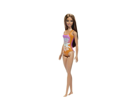 Beach Barbie Doll with Light Brown Hair Wearing Tropical Pink and Orange Swimsuit