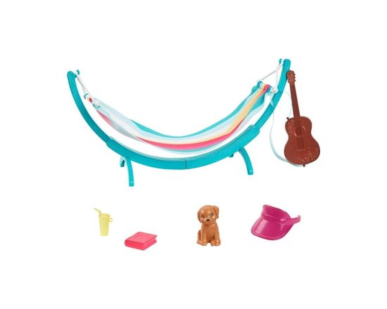 Barbie World Hammock Set with 7 Camping Accessories Including Swinging Hammock with Guitar & Puppy - Walmart Exclusive