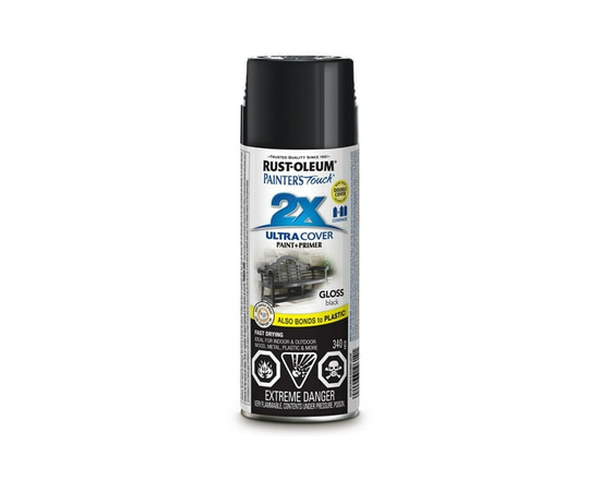 Rust-Oleum Painter's Touch 2X Interior/Exterior Ultra Cover Multi-Purpose Paint and Primer in Gloss Black, 340g Spray Paint - 340g (Black)
