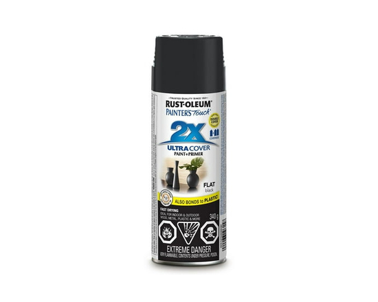 Rust-Oleum Painter's Touch 2X Interior/Exterior Ultra Cover Multi-Purpose Paint and Primer in Flat Black, 340g Spray Paint - 340g