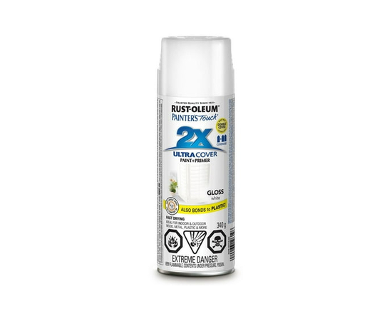 Rust-Oleum Painter's Touch 2X Interior/Exterior Ultra Cover Multi-Purpose Paint and Primer in Gloss White, 340g Spray Paint - 340g (White)